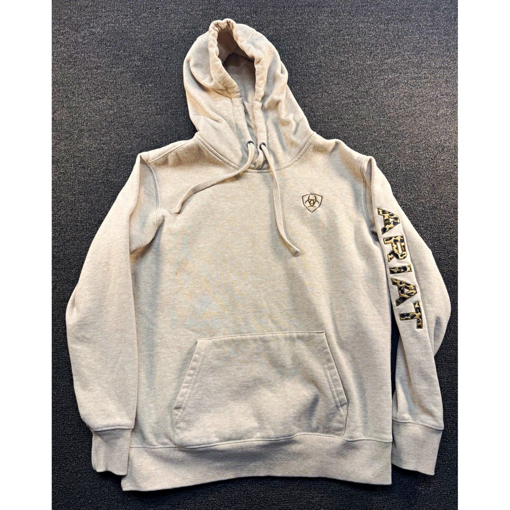 Ariat Women's Beige Fleece Pullover Hoodie Logo Pocket Drawstring Western S